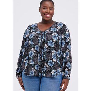 NWT Torrid Womens Plus Size 2X Floral Skull Georgette Pintuck Long Sleeve Blouse